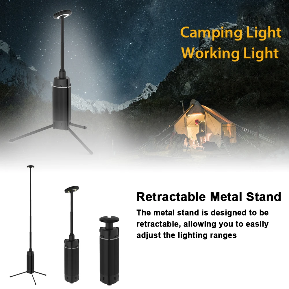 

LED Camping Light Retractable Tripod Light Portable 10800mAh Rechargeable Work Lamp with Rotatable Lamp Head for Hiking Fishing