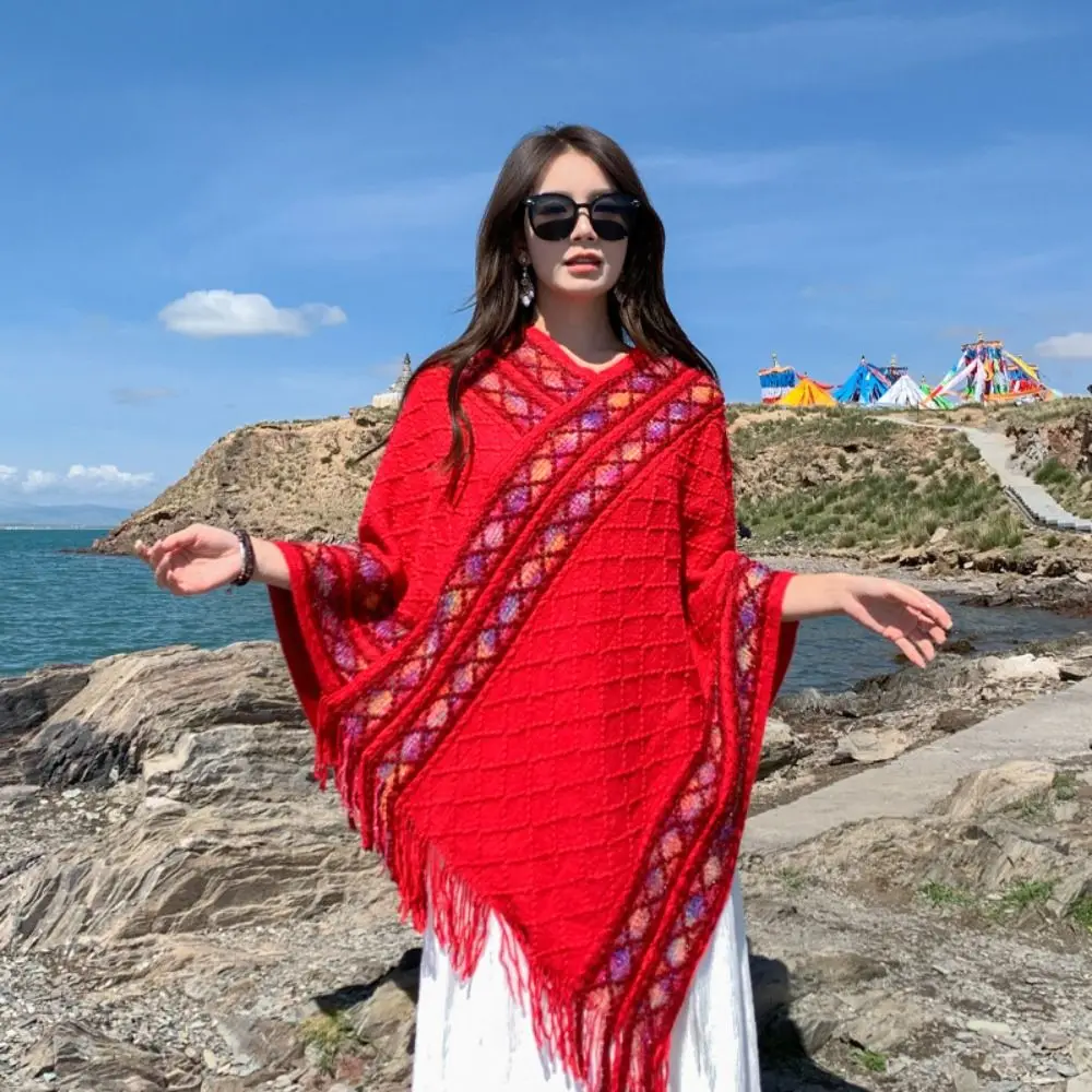 

Элегантный шарф с принтом в этническом стиле в полоску, ромбическая вязаная накидка, большой шарф, аксессуары, имитация кашемировой шаль, уличная