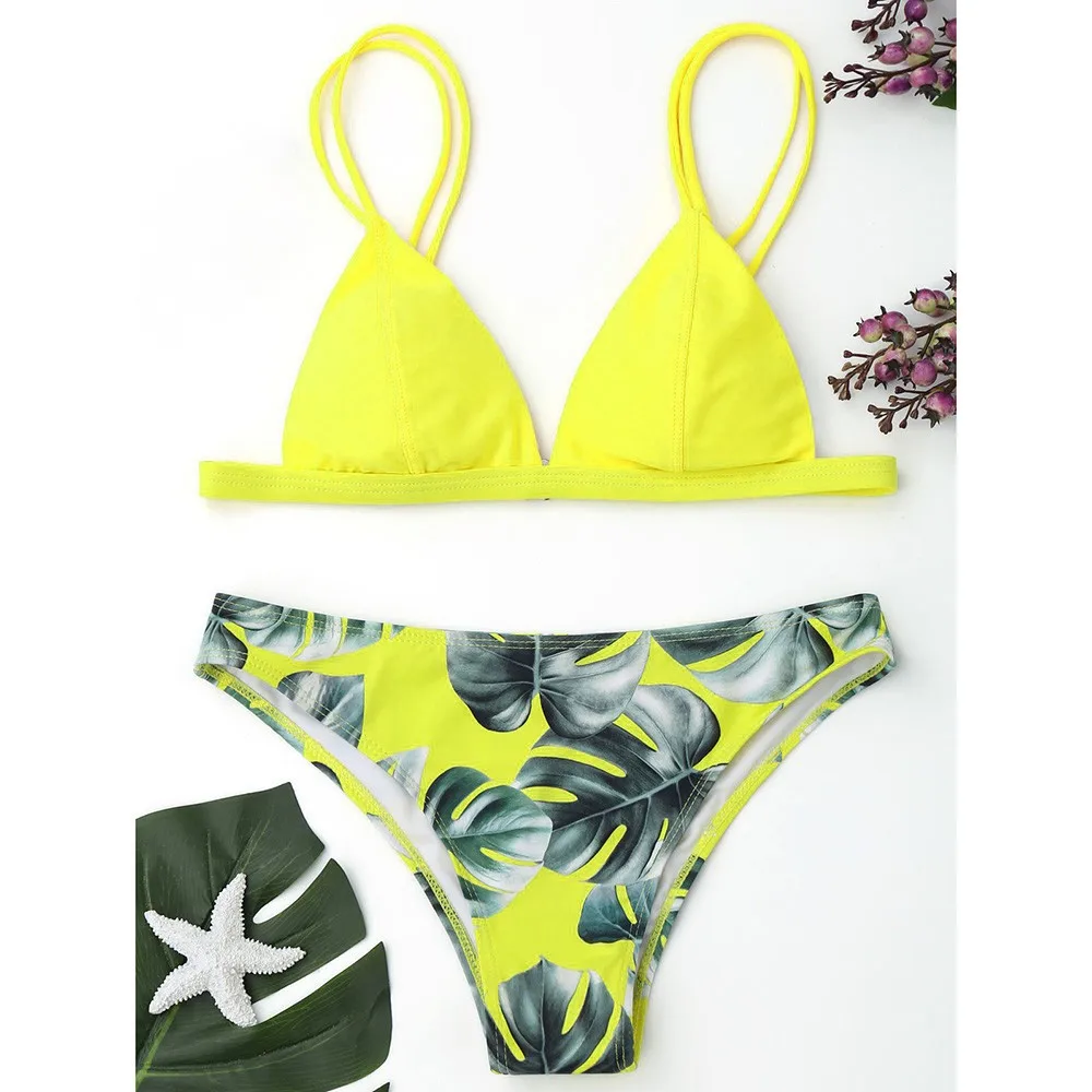 Bikini acolchado con realce para mujer, traje de baño con estampado de hojas, ropa de playa para verano