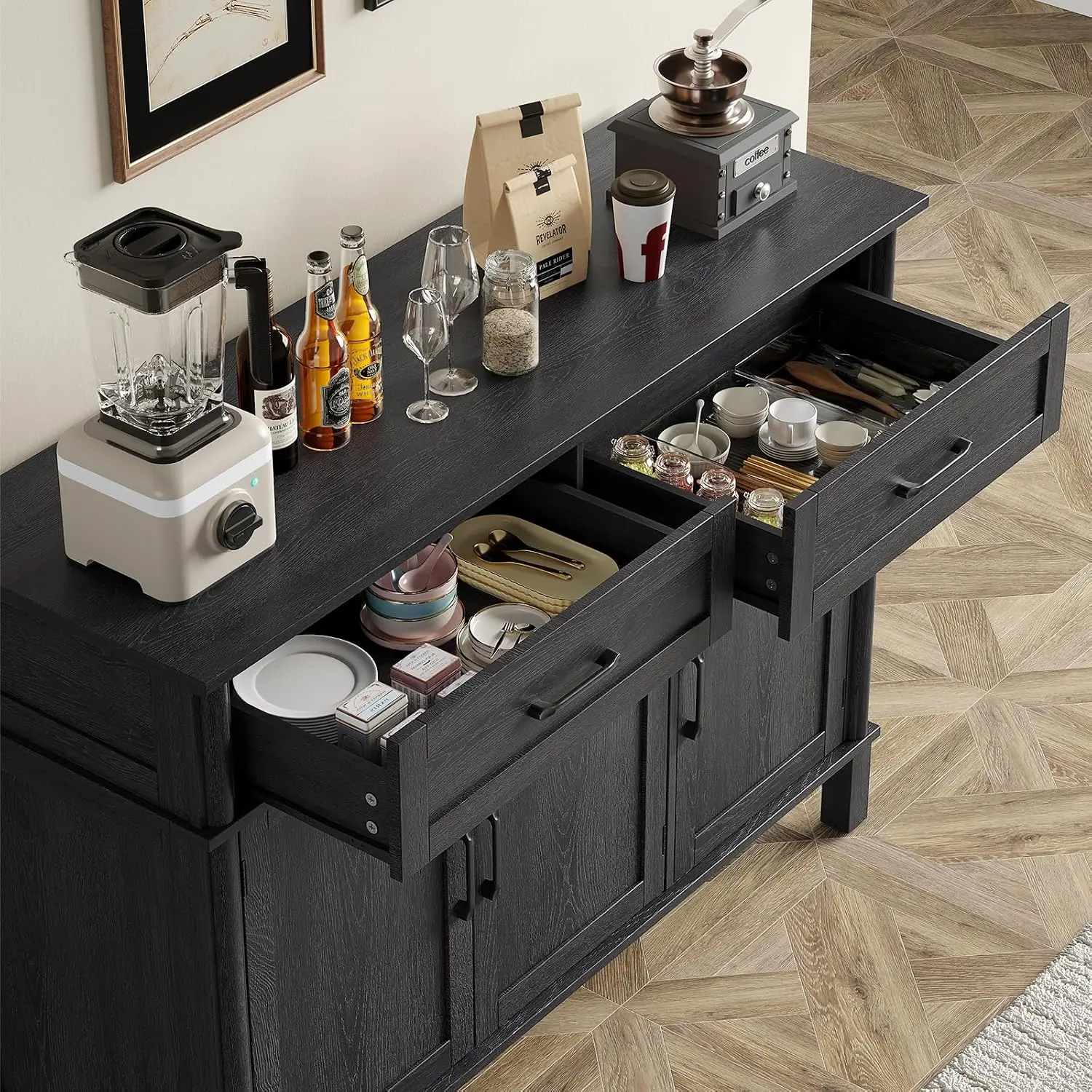 48 Inch Sideboard Buffet with Storage, Black, Customized