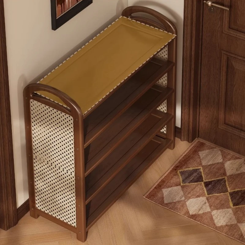 

Retro style shoe rack multi-layer home door light luxury high-end 2025 new narrow rattan shoe storage rack