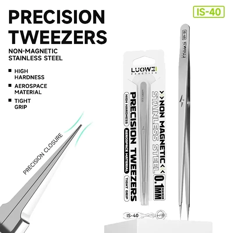 LUOWEI IS-40 Precision Tweezers Non-Magnetic Stainless Steel Ultra Fine Tip High Hardness for Phone PCB IC Chip Repair Work