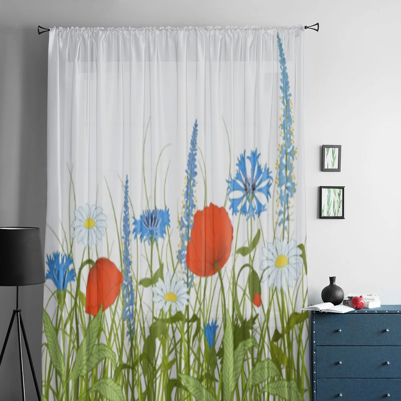 Field With Flowers And Grass Tulle Curtain For Living Room Sheer Valance Curtain For Kitchen Bedroom Window Drapes