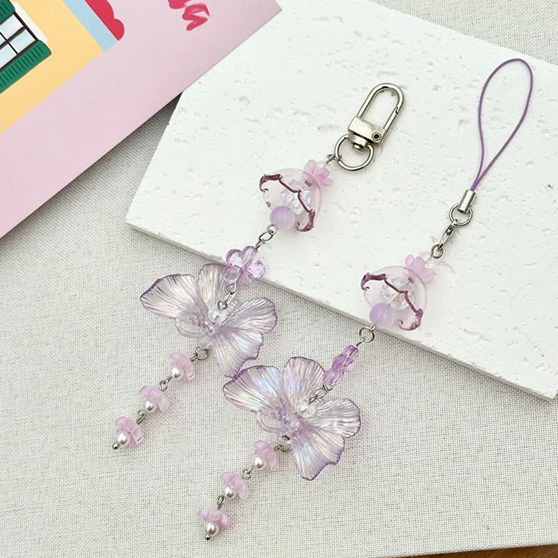 13cm Sweet Purple Butterfly Wind Chimes Keychain Pendant Phone Chain Strap Lanyard Girly Bag Hanging Ornaments Accessories Gift