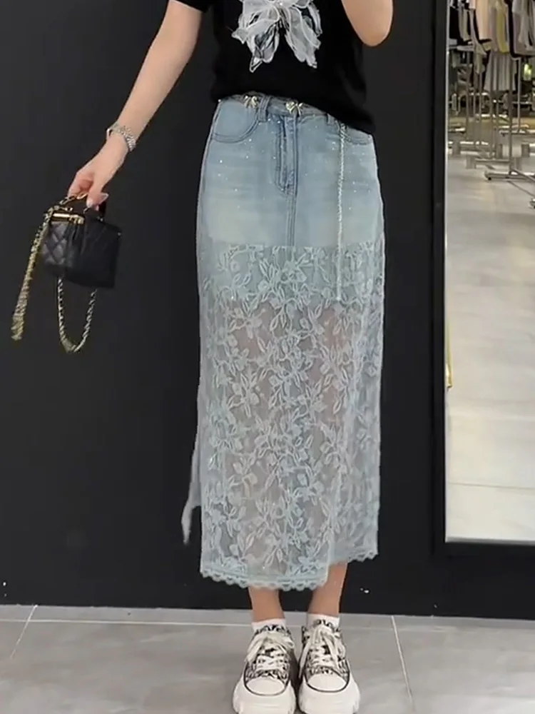 

Summer Heavy Industry Hot Diamond Long Skirt Women's Lace Splicing Jacquard Skirts Fashion High Waisted Cowboy A-line Skirt