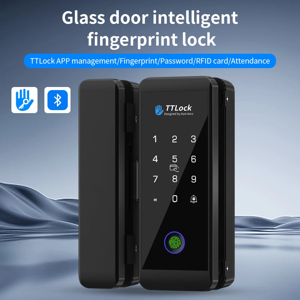 TTLCOK cerradura de puerta de vidrio de fácil instalación, cerradura de puerta de oficina inteligente con reconocimiento de huellas dactilares y contraseña de desbloqueo RFID de 13,56 mhz