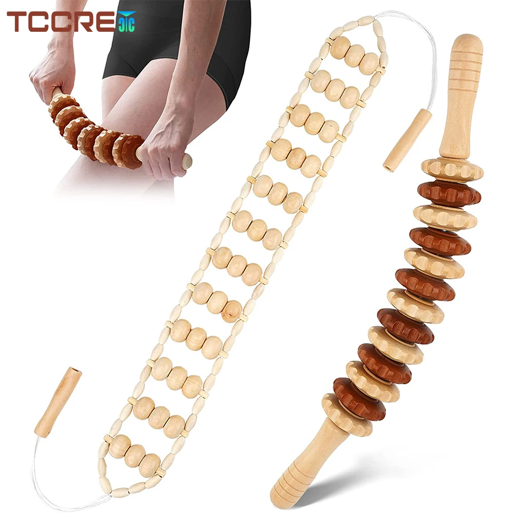 2Pcs Portable Wooden Back Roller Rope Wood Massage Roller Stick for Neck Waist Back Leg Pain Relief Deep Tissue Muscle Massager