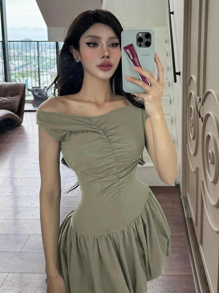 2024 Solid Skew Collar Draped Sexy Bodycon Pleated Mini Dress Summer Women Fashion New Outfits Birthday Party Y2K