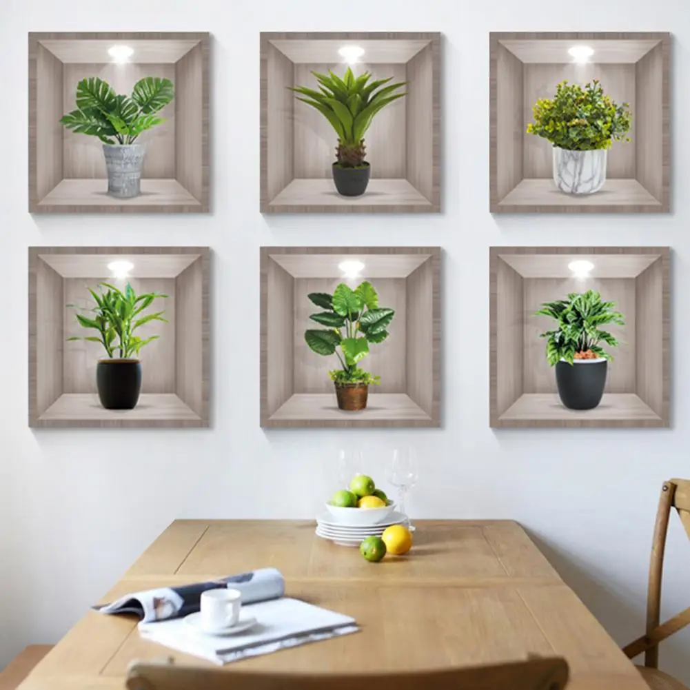 Unique Design Wall Art Stunning 3d Vinyl Wall Sticker with Vases Design Green Plants Flower Decals for Dining Room Decoration