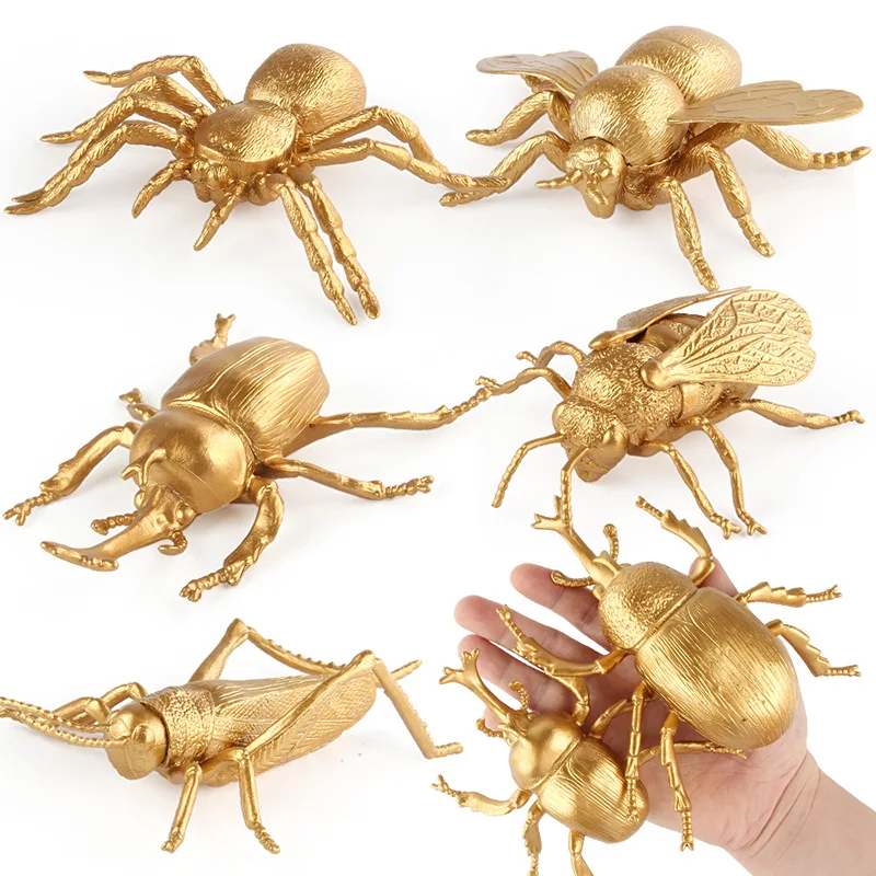 New Simulation Insect Animal Models Fun Gold Edition Mini Spade Beetle Cricket Bee Insect Set Toys Children Toy Birthday Gift