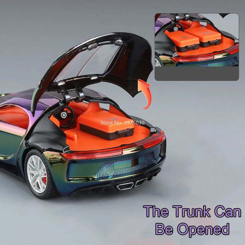 รถของเล่นบูกัตติแอตแลนติกอัลลอยด์ 1:24 รุ่นหล่อขึ้นรูป ยางยาง 3 ประตูเปิดได้ ซุปเปอร์คาร์ พร้อมระบบดึงหลัง ของตกแต่ง