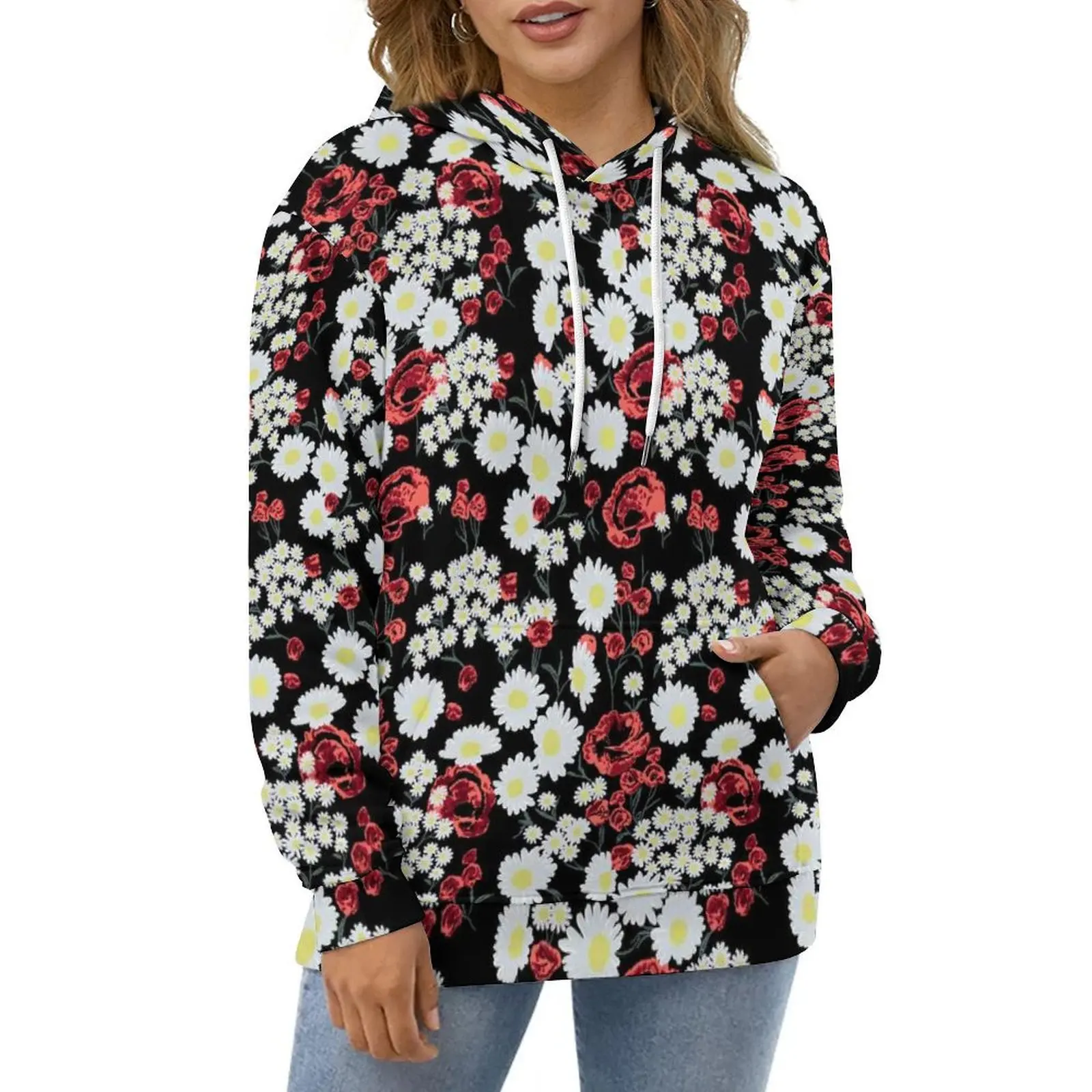 

Red White Flower Casual Hoodies Rose Daisy Print Pullover Hoodie Women Long-Sleeve Hip Hop Loose Oversized Hooded Sweatshirts