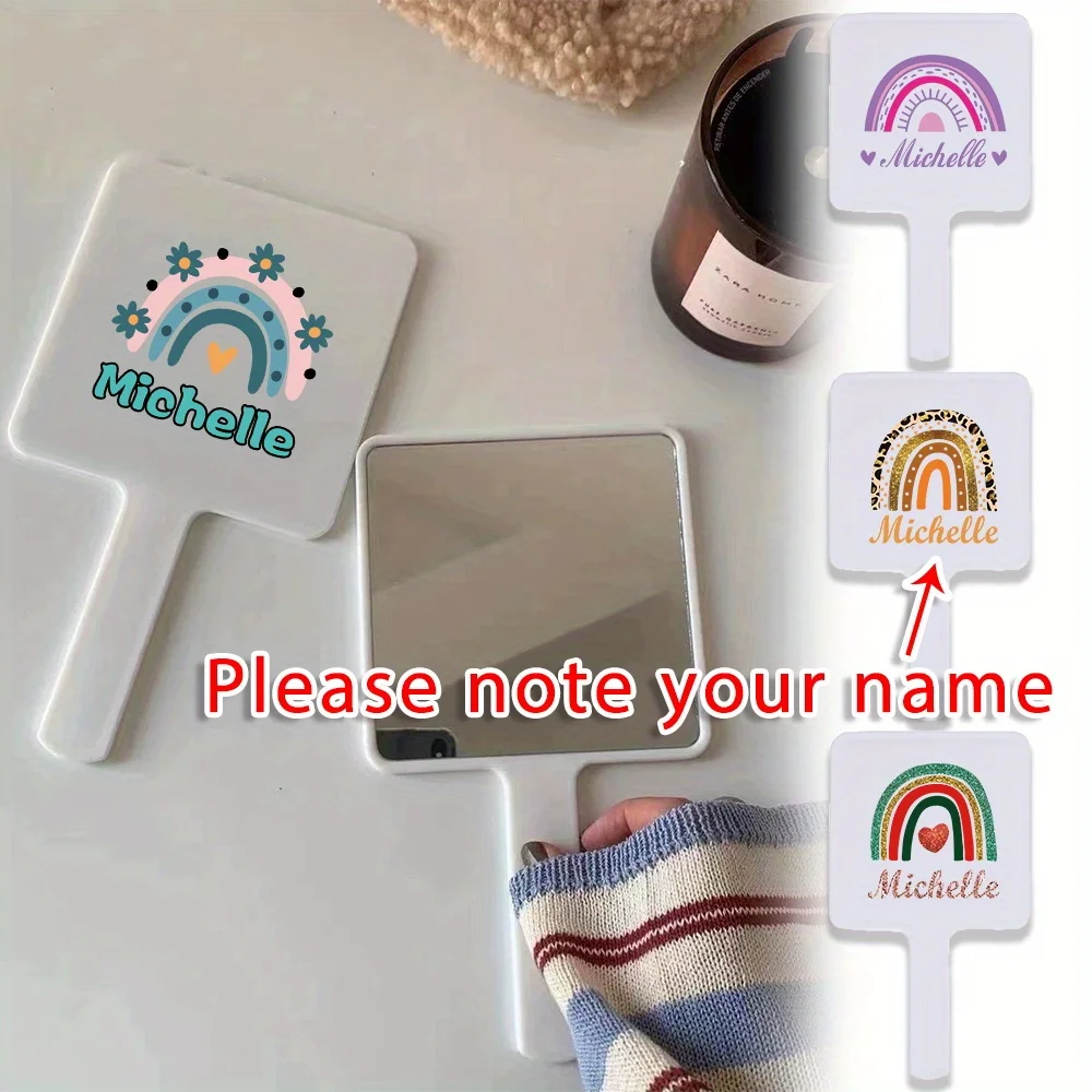 Personalisierter Namensspiegel mit Griff, tragbarer Kosmetikspiegel, leichtes Touch-Ups-Werkzeug, personalisiertes Regenbogenmuster