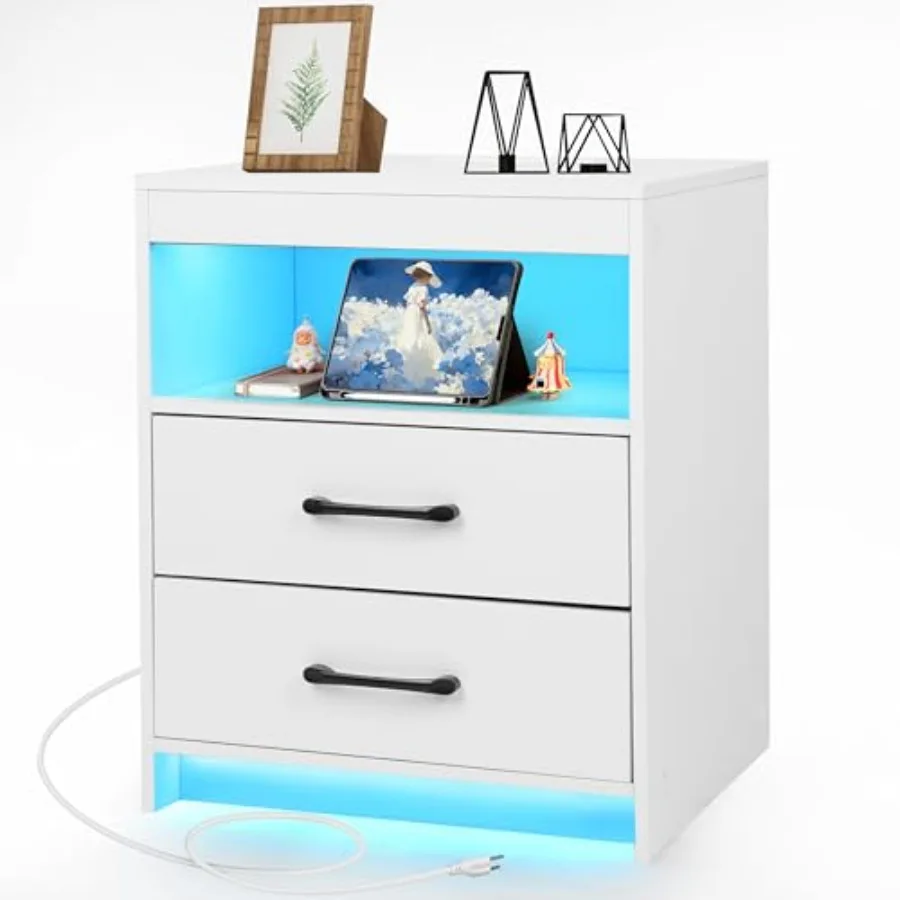 

Nightstand with Charging Station and Ambient Light Equipped with 2 Drawers and an Open Bedside Table Modern Side Table White