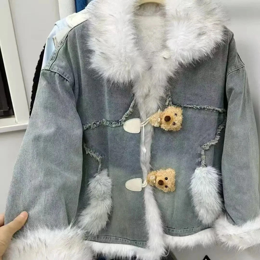 Women New Winter Jeans Jacket Horn Button Furry Collar Denim Parkas Korean Style Cotton Coat Retro Bomber Fashion Luxury Outwear