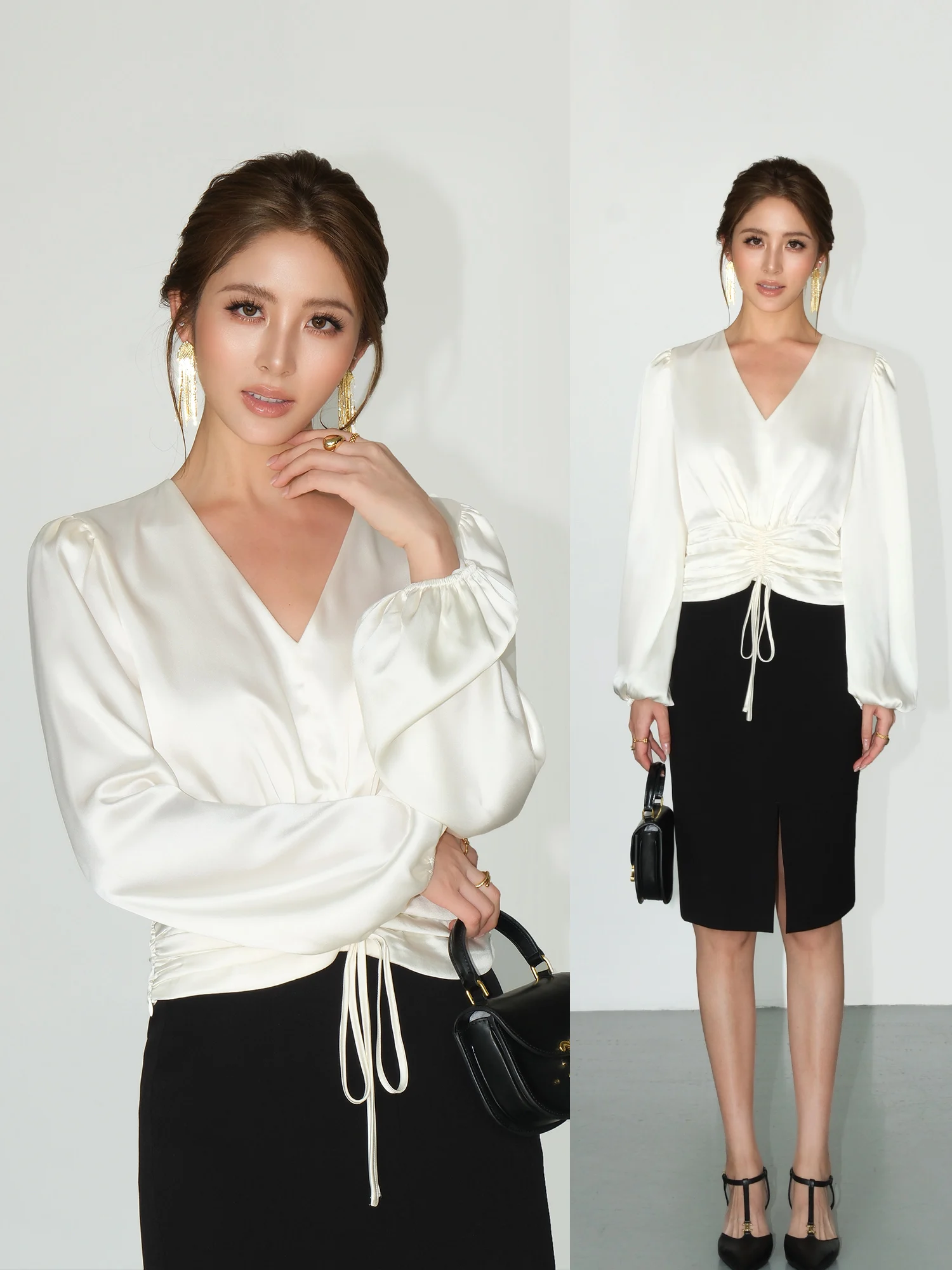 

Женская атласная блузка Ele V-ne Lantern Sve с регулируемой завязкой и коротким рукавом NEVA HU Romantic Overture