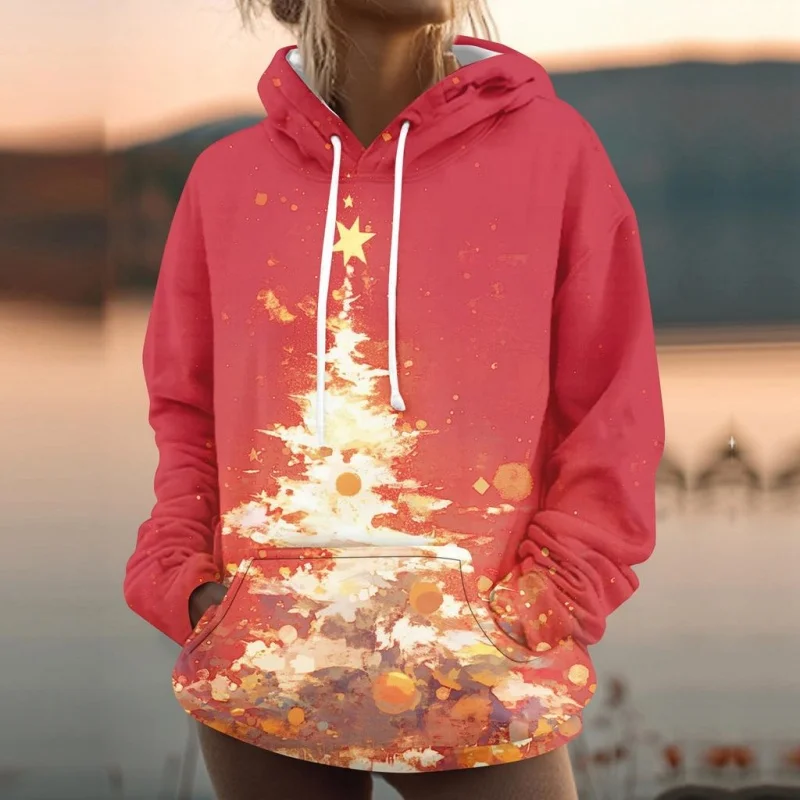 3D Printed Christmas Tree Hoodie For Women Snowman Pattern Sweatshirt Autumn Casual Tops Loose Pullovers Long Sleeves Hoodies