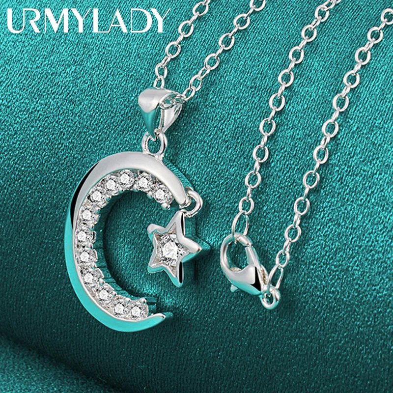 URMYLADY 925 Sterling Silver Moon Zircon 16/18/20/22/24/26/28/30 Inch Pendant Necklace For Women Jewelry Wedding Charm Gift