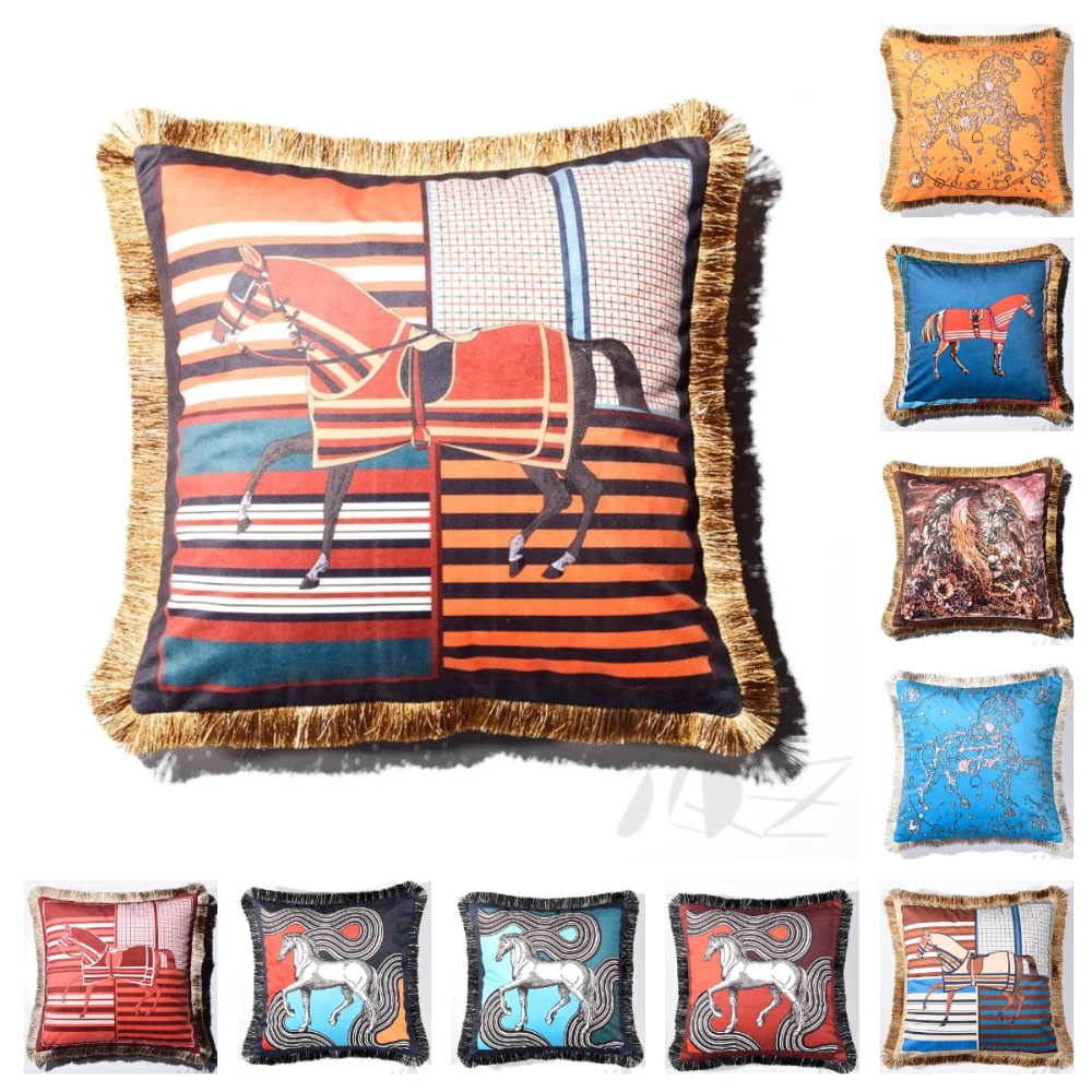 

Luxury Horse Cushion Cover Chucky Printed Tassel H Pillowcase Plaid for Sofa Chair Living Room Body Bedroom Home Decor