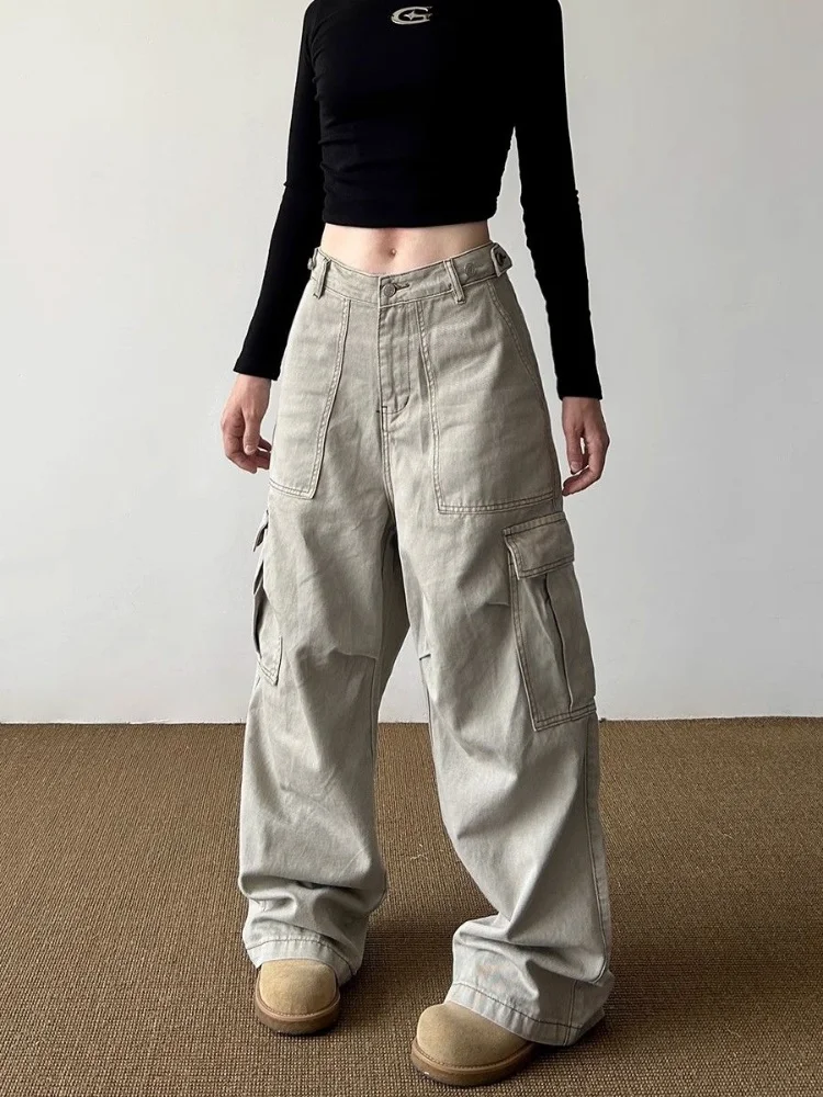 

2024 Ropa Mujer Y2K Fashion Light Khaki Baggy Cargo Jeans Pants For Women Clothes Wide Leg Casual Lady Trousers Pantalon Femme