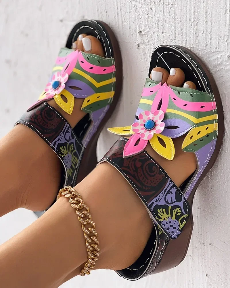 Wedge Slippers Colorblock Tribal Floral Pattern 2024 New Women's Platform Slides Tribal Floral Print Sandals Women Ethnic Shoes