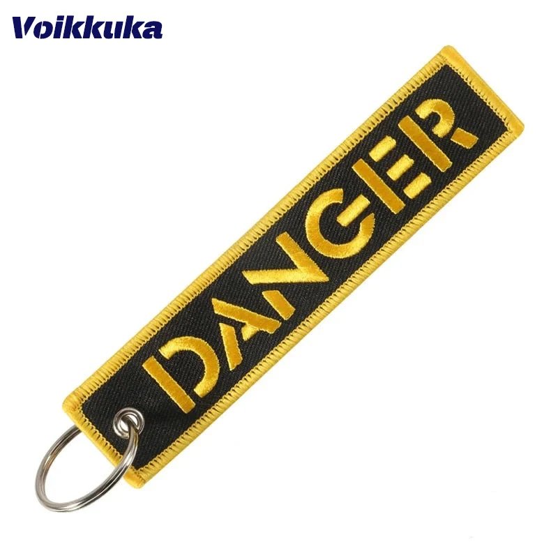 1PC 2PCS 3PCS Set Sale Golden Warning Golden Danger Both Sides Embroidery Black Cloth Tag Keychain Motorcycle Key Accessories