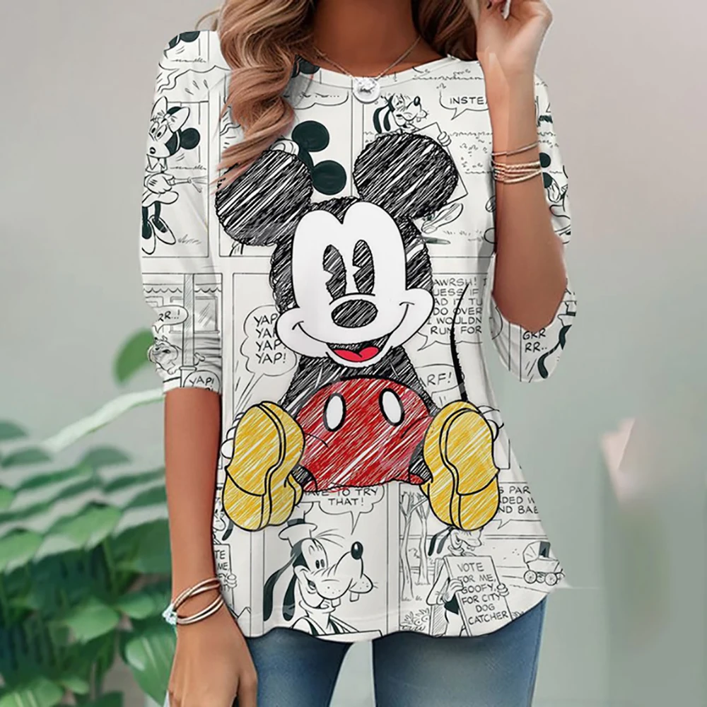 New Women's Autumn Cartoon Disney Mickey Mouse Printed Top Long Sleeve Women's T-shirt Loose Printed Sweatshirt Hot Selling