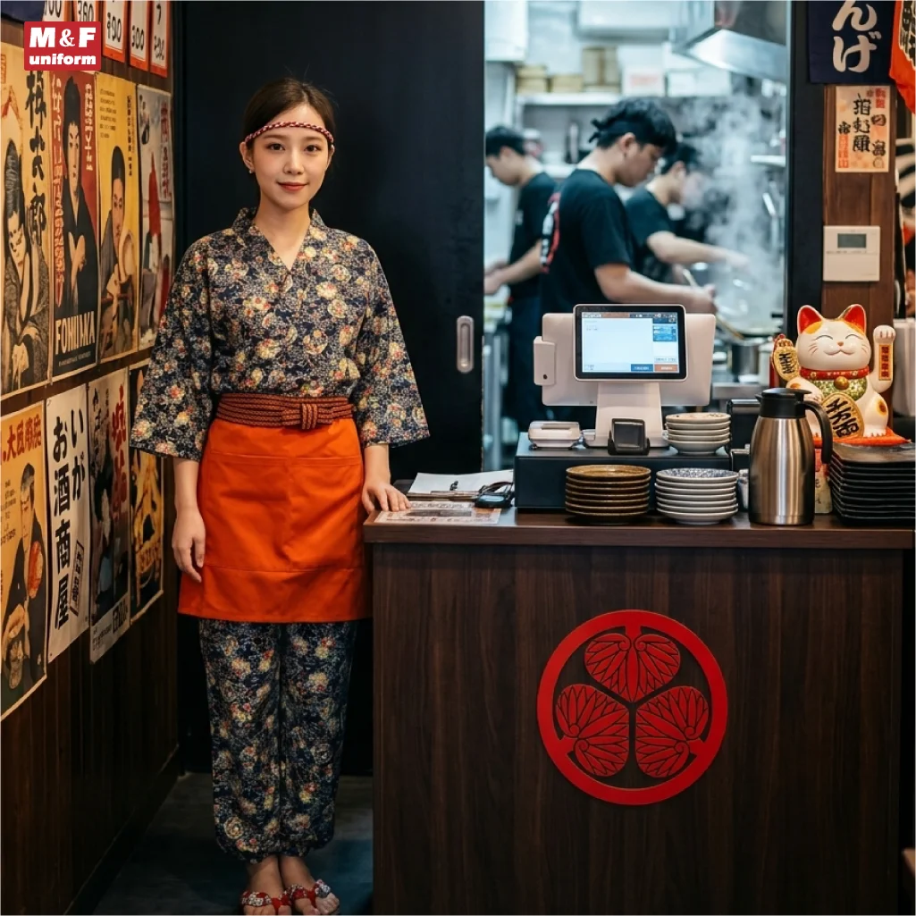 Japanese Style Floral Patterned Top And Bottom Set with Headband Restaurant Server Work Uniform Cashier Hostess Outfit Blue