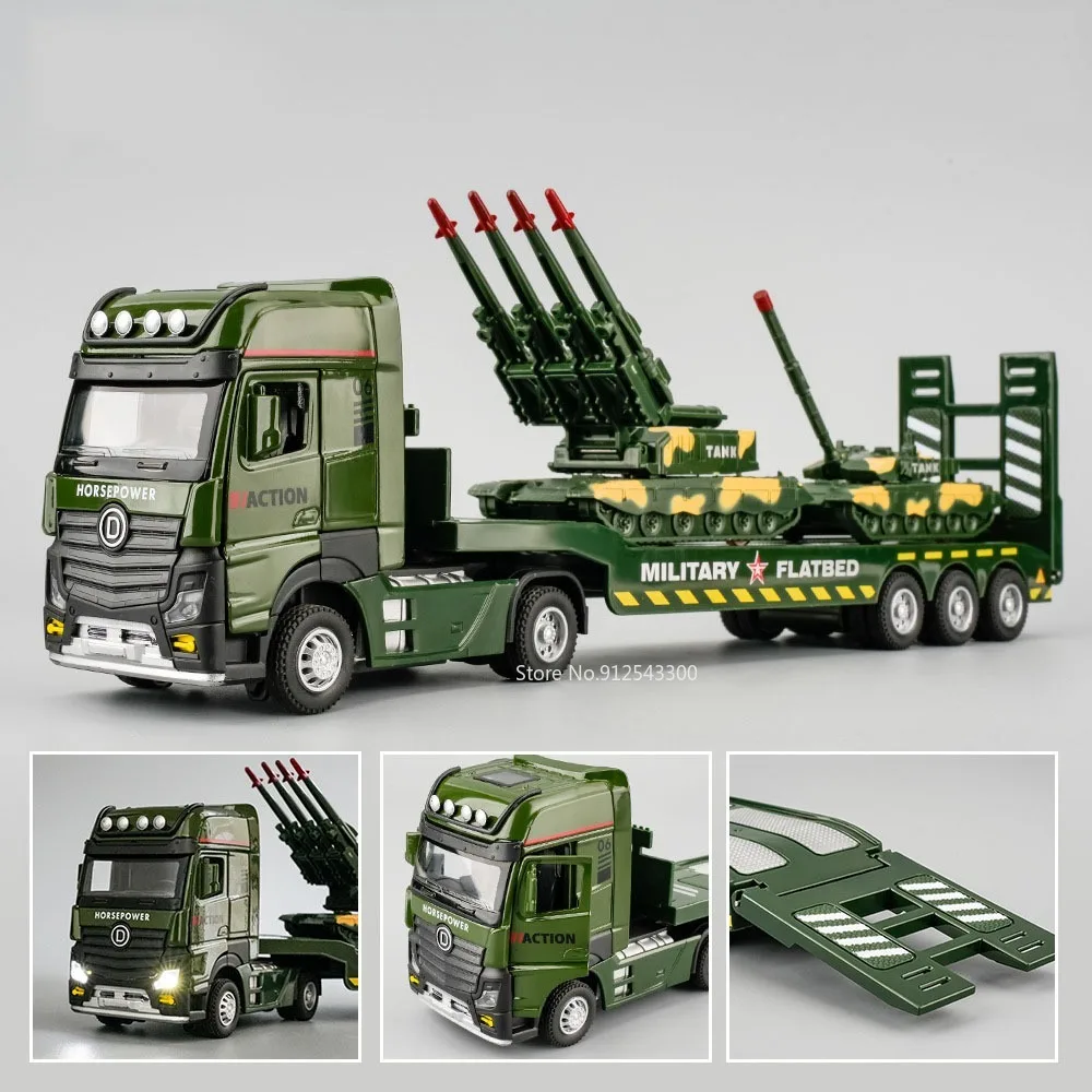 1/32 Military Tanks Car Model Toy Alloy Diecast Toy Car Truck Model with Pull Back Sound Light Transport Vehicle for Boy Gift