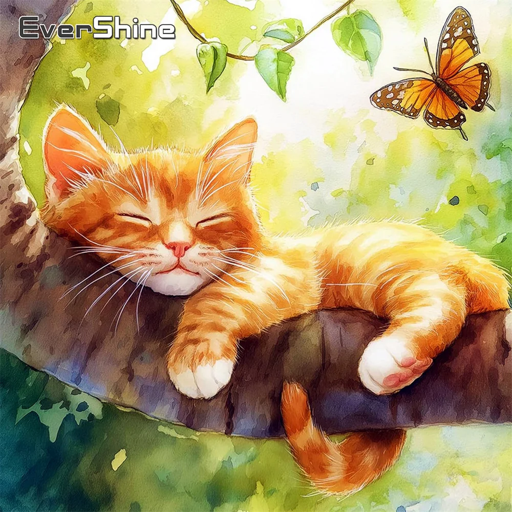 Evershine Vollbohrer Diamant Mosaik Katze 5D DIY Kit Malerei Tier Bild von Strass Stickerei Schmetterling handgemachte Hobby