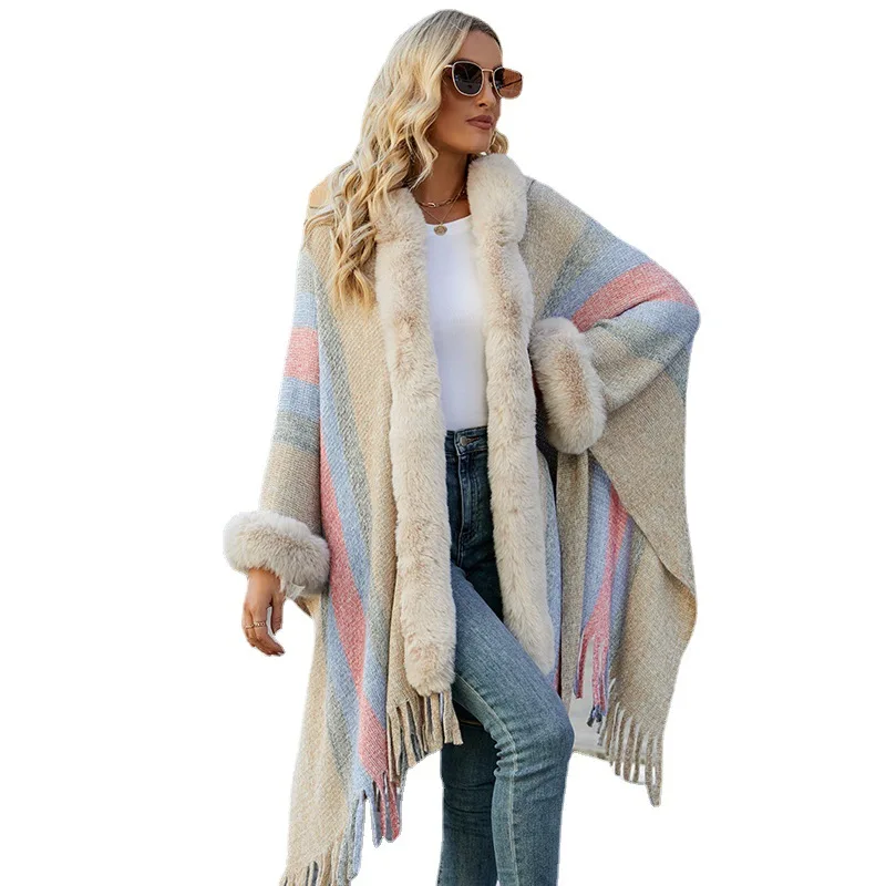 YJKDYK 2024 Autumn Winter Women\'s Hooded Cloak Female Velvet Edge Striped Knitted Fringe Shawl Women\'s Thicken Warm Jackets