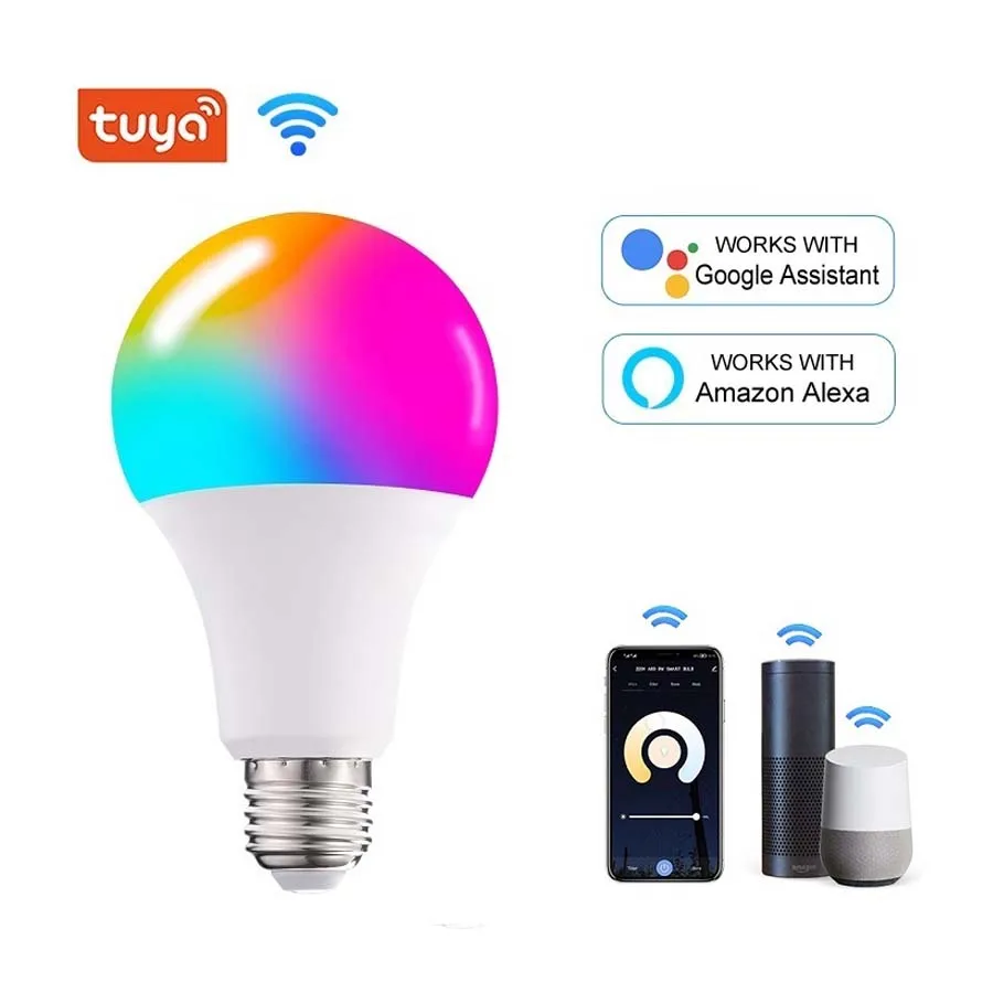 Tuya WiFi Smart Bulb 110V 220V 10W 15W E27 LED Light Bulb RGB+WW+CW Smart Life Voice Control Works with Alexa Google Home