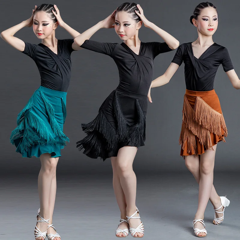 Children Latin Dress Grils Long Sleeves Top + Fringed Skirt 2-piece Set Costumes Ballroom Dancing Competition Clothing