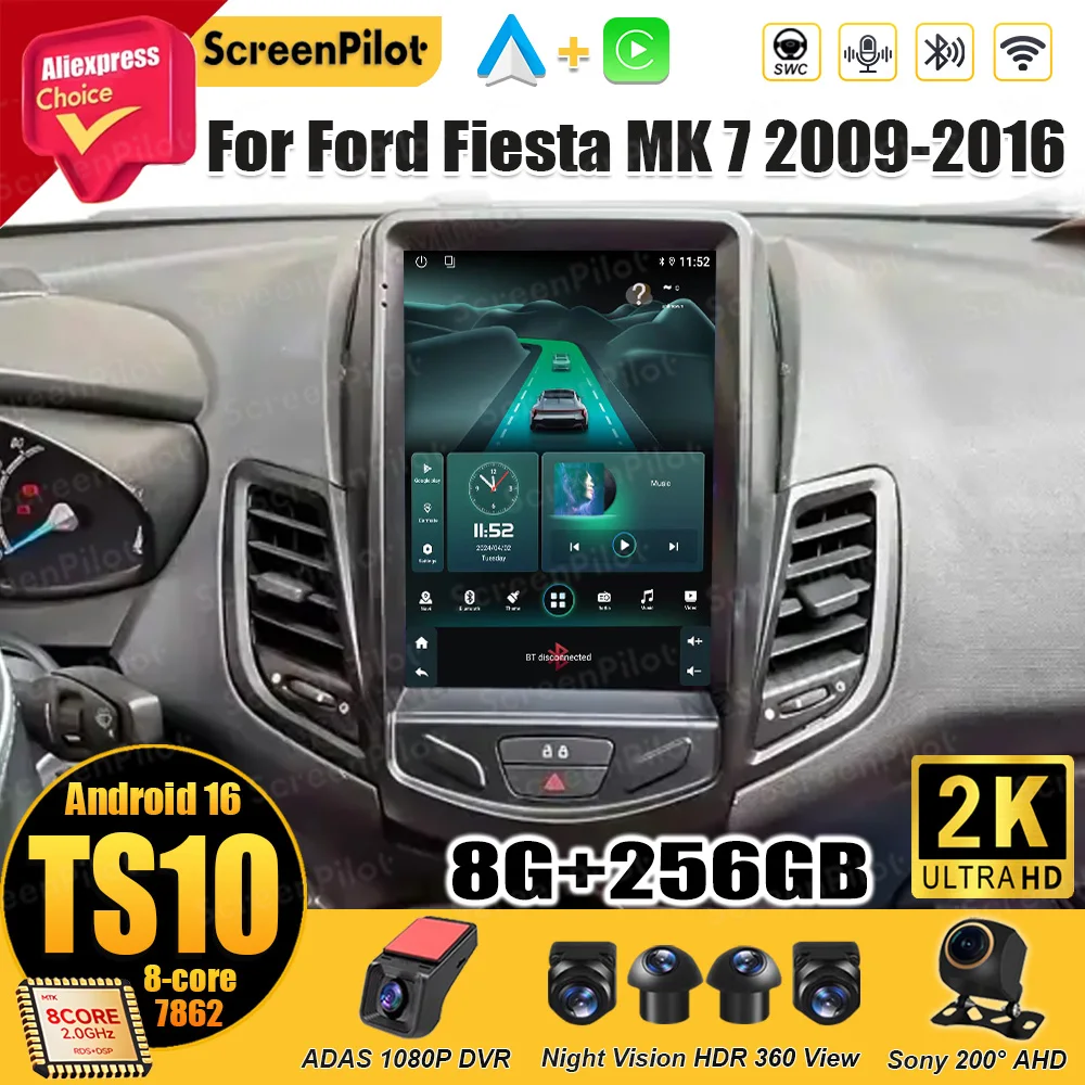 For Ford Fiesta MK 7 2009-2014 2015 2016 Android 16 Multimedia Video Player Mirror Link GPS Navigation Touch Screen Tesla Style