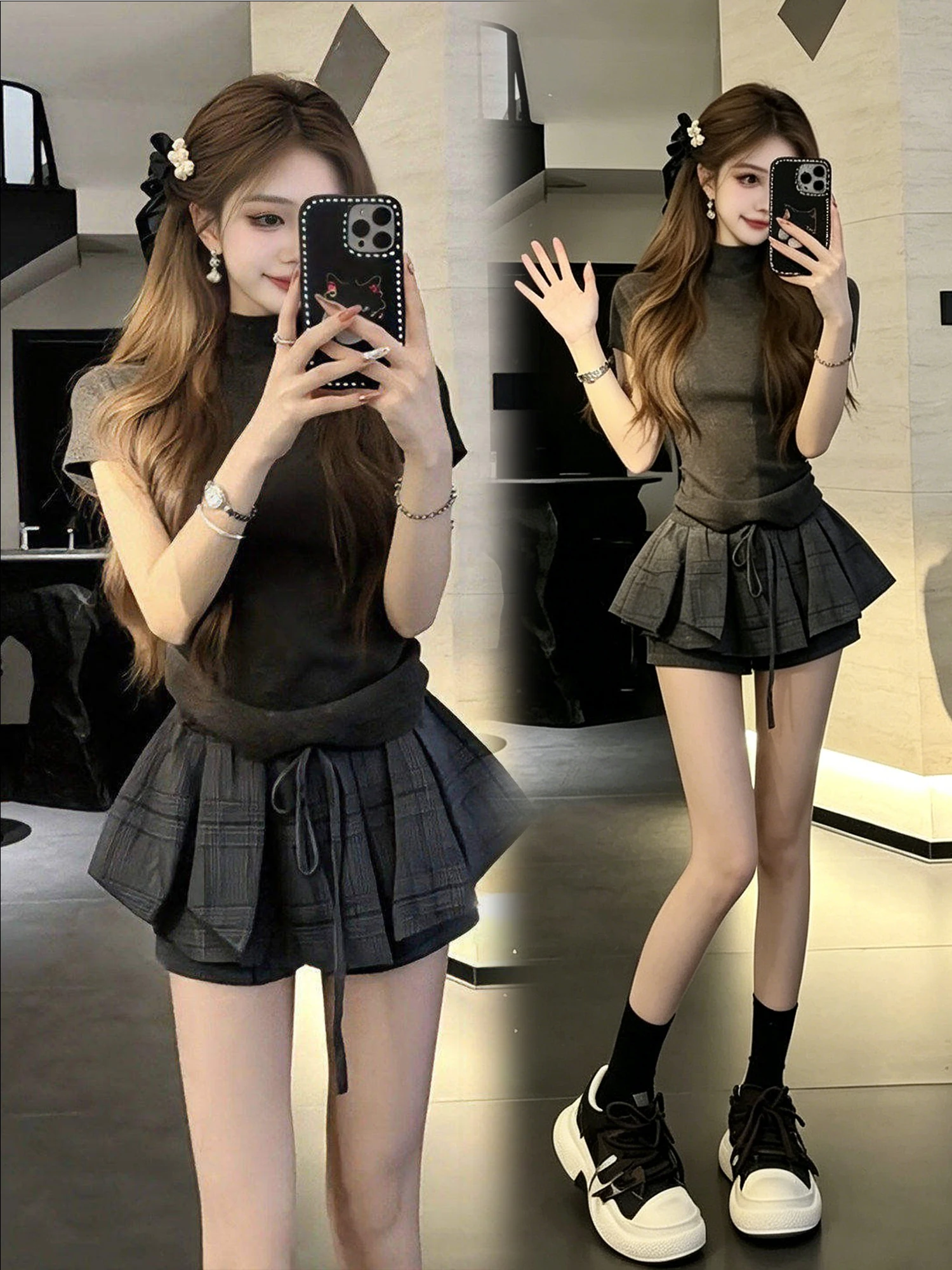 

Sweet And Cool Style Summer New Pure Desire Hot Girl Slim Short Sleeve T-Shirt And Skirt Two-Piece Set for Women