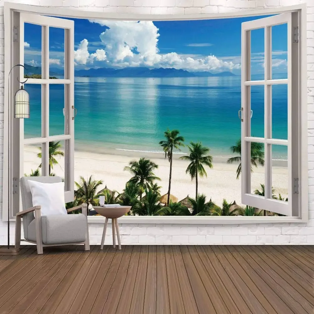 Beach Tapestry Palm Trees Ocean Heaven Balcony White Wooden Windows Tapestry Wall Hanging for Bedroom Home Living Room Dorm