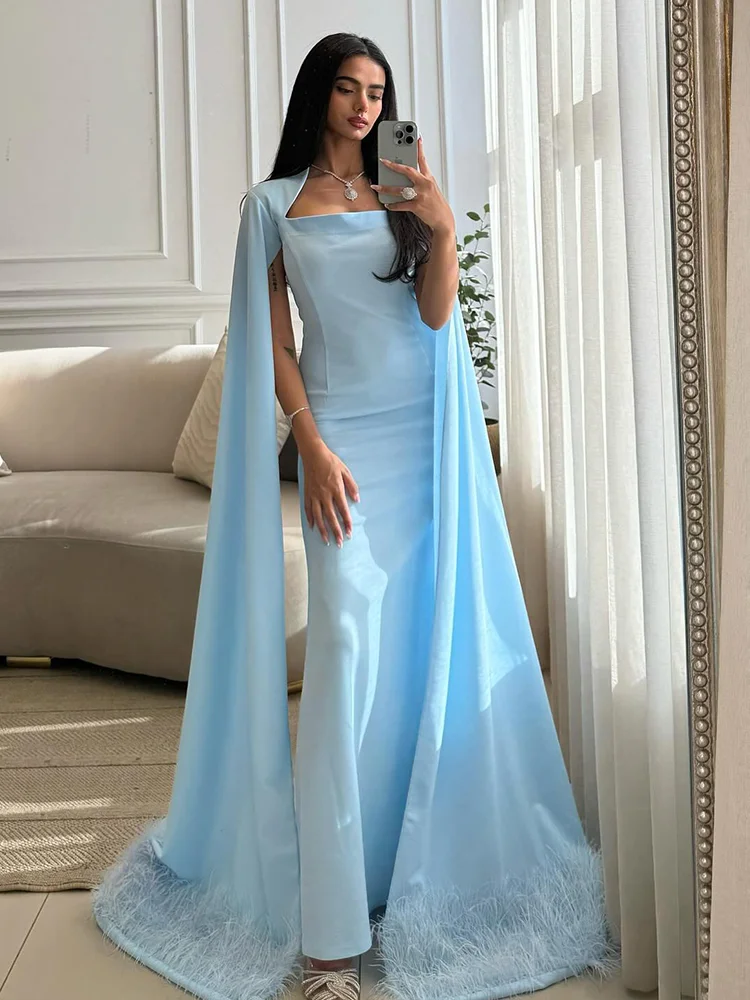 Jirocum Satin Mermaid Prom Gowns Women's Feather Square Neck Party Evening Gown Custom Ankle Length Saudi Special Occasion Dress