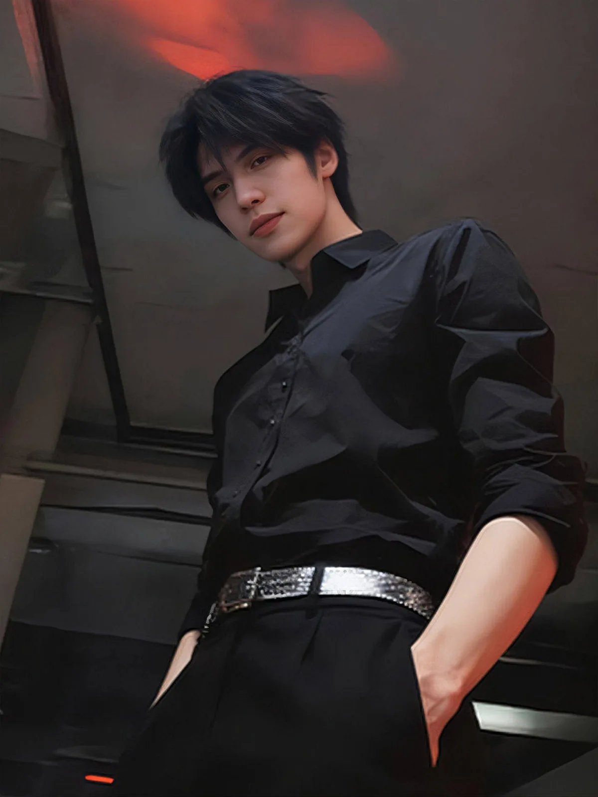 Black Long Sleeve Slim Fit Shirt Men's Fashion Dapper British Style Collar Stand up Inner Shirt Youth Popular Spring Season