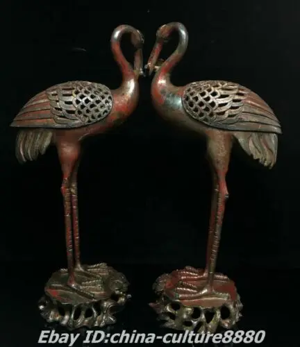 14.5" Antique Folk Pure Bronze Fengshui Crane Bird Incense Burner Censer Pair