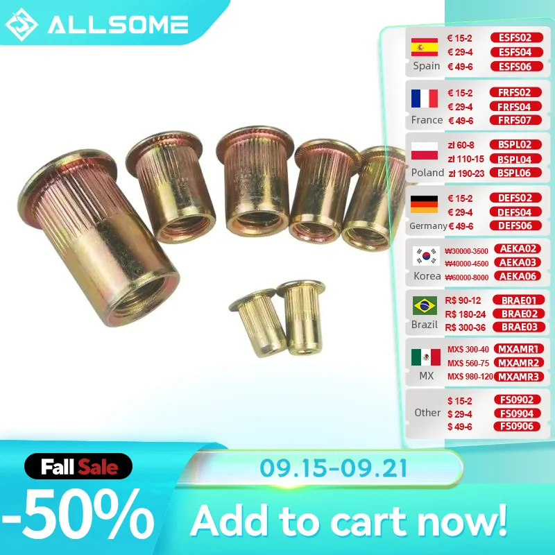 

ALLSOME Carbon Steel Rivet Nuts Flat Head Insert Nutsert Threaded Rivetnut M3 M4 M5 M6 M8 M10