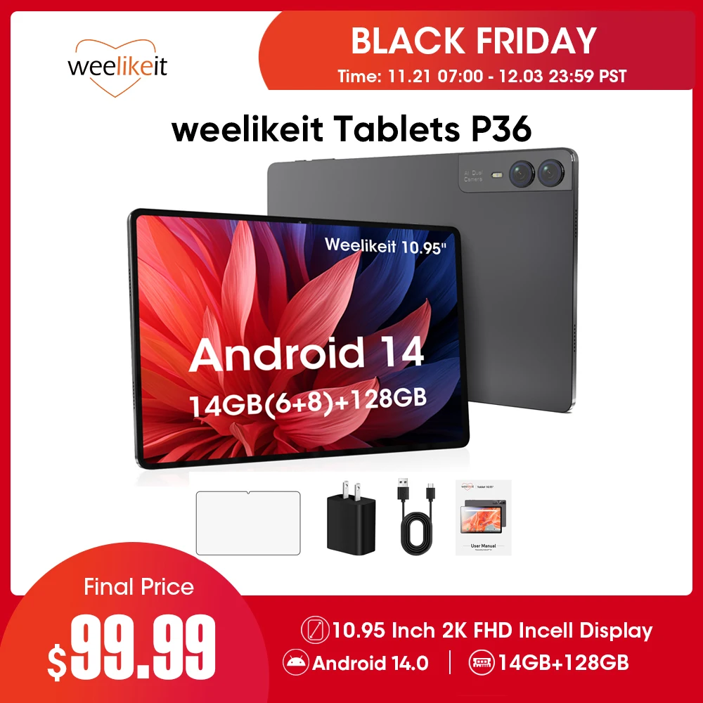 Weelikeit-Tablettes Android 14, 10.95 pouces, 14 Go + 128 Go, processeur 8 cœurs, 1920x1200 FHD, Incell 5 + 13MP, caméras touristes, GPS, WiFi 6, batterie 7000mAh