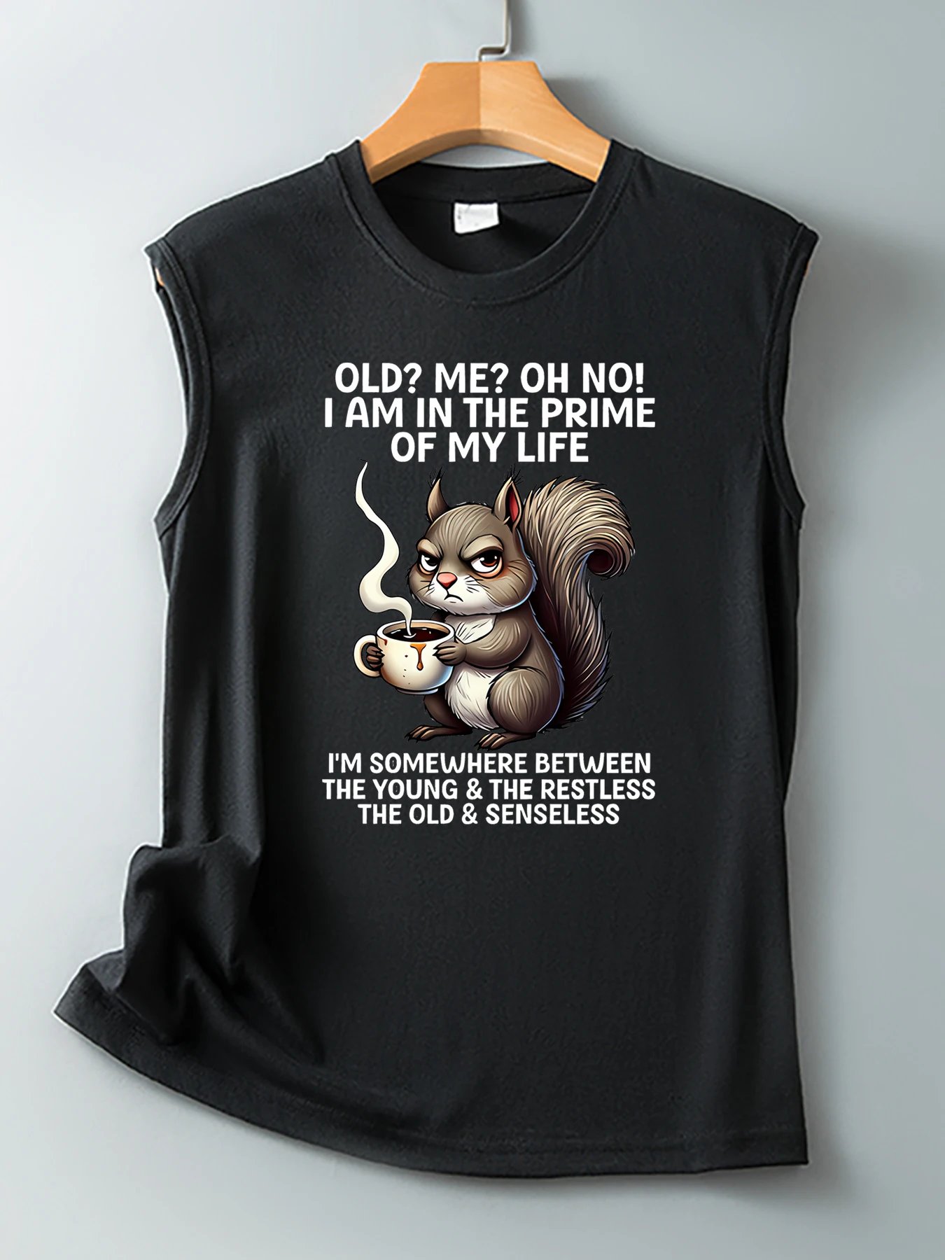 Lady proudly sips coffee. Squirrel-themed humorous self-mockery. English text print. Round neck, sleeveless top.