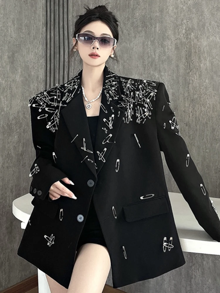 YERMORA Black Metal Pin Big Size Design Blazer For Women Lapel Long Sleeve Loose New Jacket Fashion Tide Spring Autumn 2025