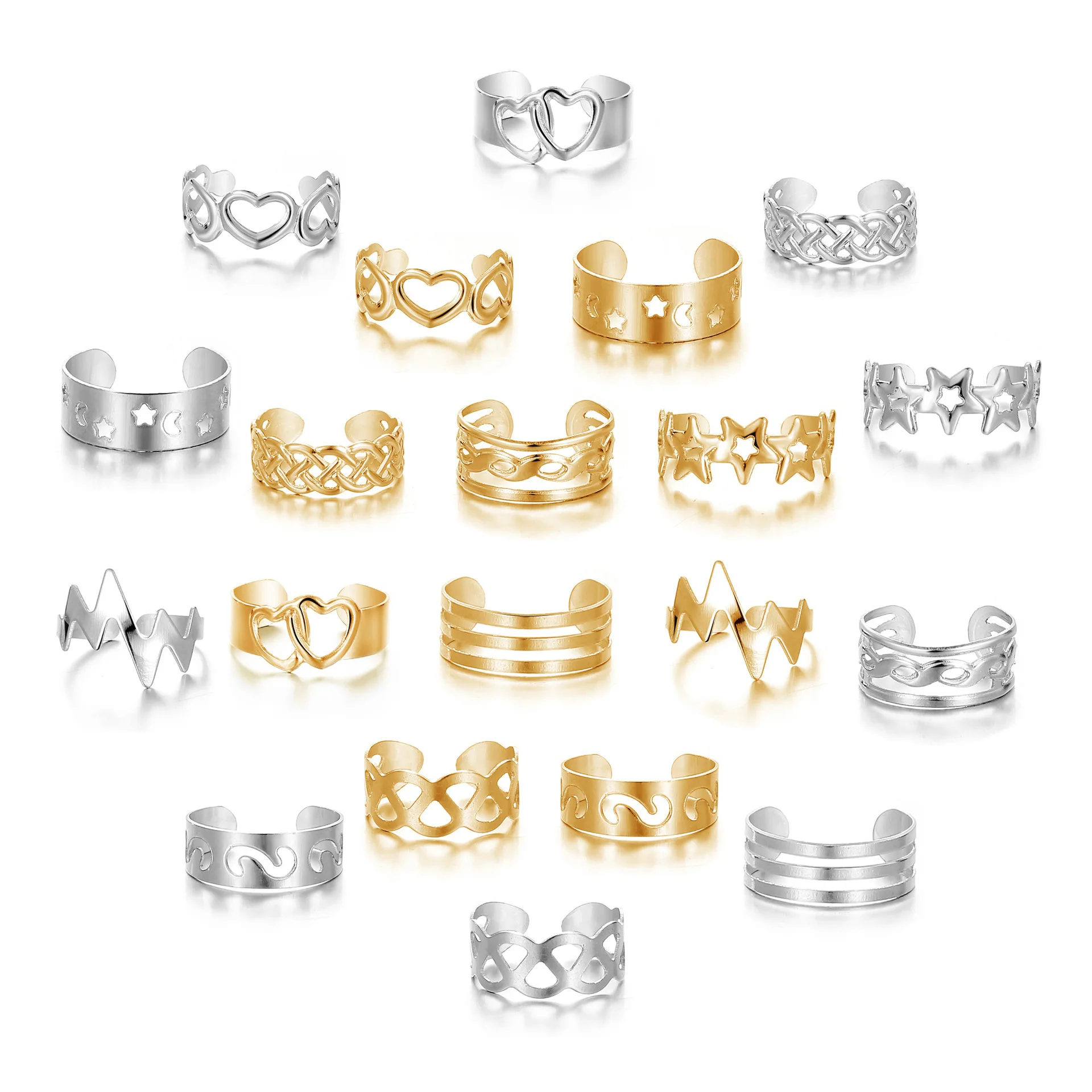 10Pcs Bohemian Hollow Star Moon Toe Ring Vintage Gold Color Adjustable Wide Opening Ring Women\'s Summer Beach Jewelry