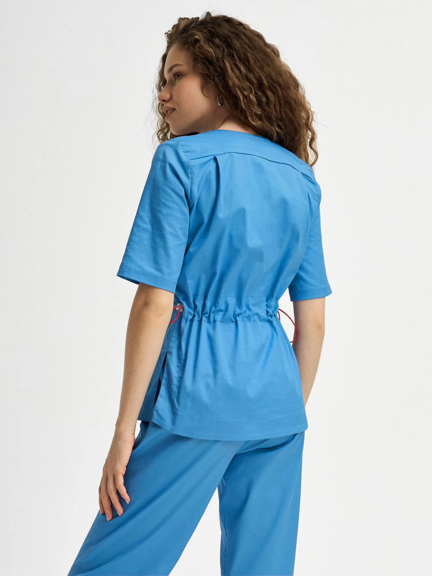Scrub Uniform Set Stretch Moisture Wicking Breathable Short Sleeve    Top  Straight Wide Leg Pants    Two Piece Work Outfit - view 5