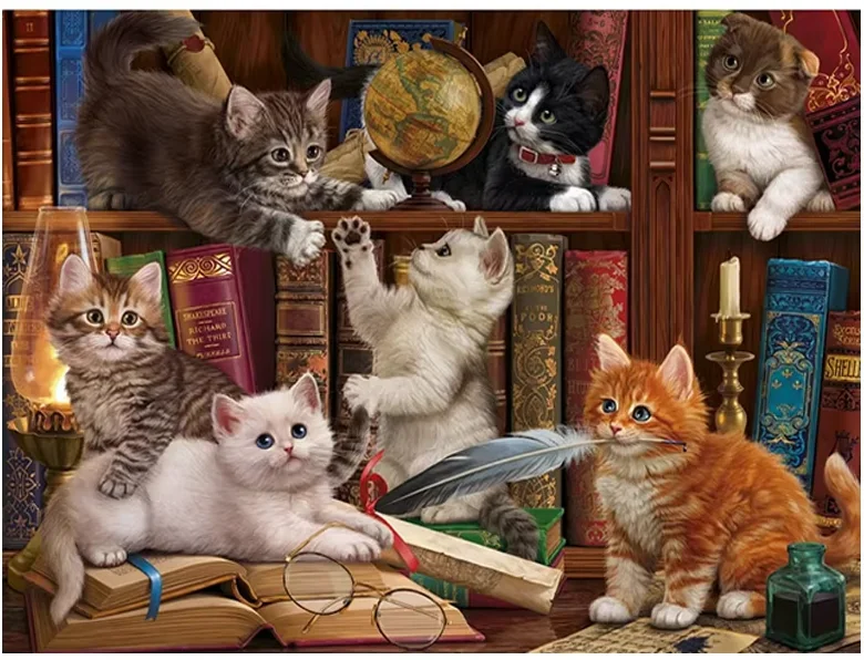 Cute Kittens Vintage Bookshelf Globe Quill Ink Diamond Painting, Living Room Bedroom Wall Decor 5D DIY Handmade Craft Gift