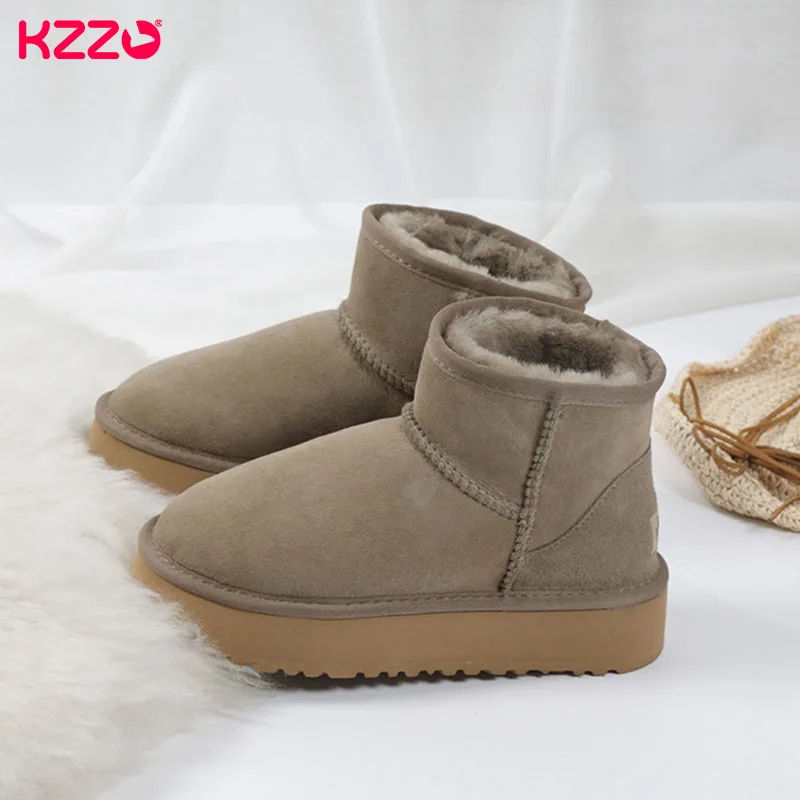 KZZO-Botas femininas de couro de camurça de carneiro, botas de neve forrado com lã natural, sola grossa, sapatos quentes, inverno