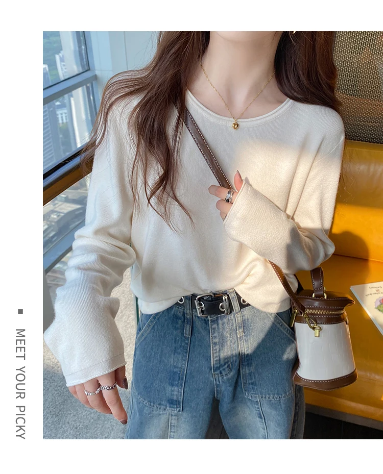 

Classic Round Neck Loose Fit Sweater Women Outerwear Soft Low Neck Layering Knit Top Versatile Comfortable Casual Pullover