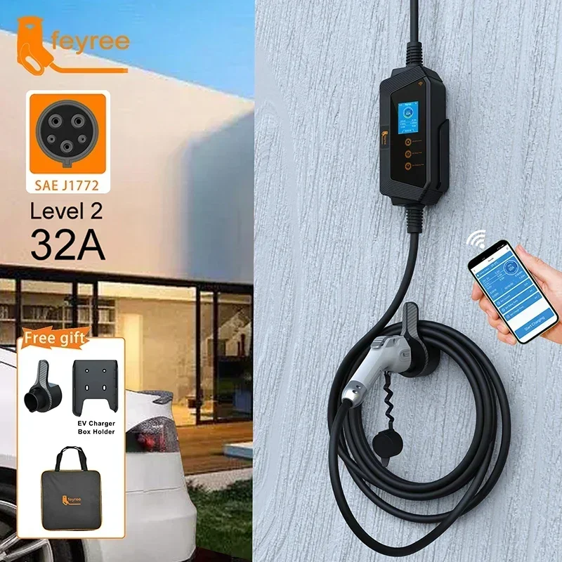 feyree Type1 7KW 32A 1Phase Portable EV Charger J1772 Socket with 5m Cable Smart APP WIFI Control Version for Electric Vehicle