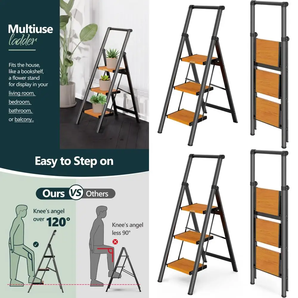 

Складная алюминиевая стремянка, zasięg 8 футов, противоскользящая, емкость 300 фунтов, удобное хранение, черное и деревянное зерно